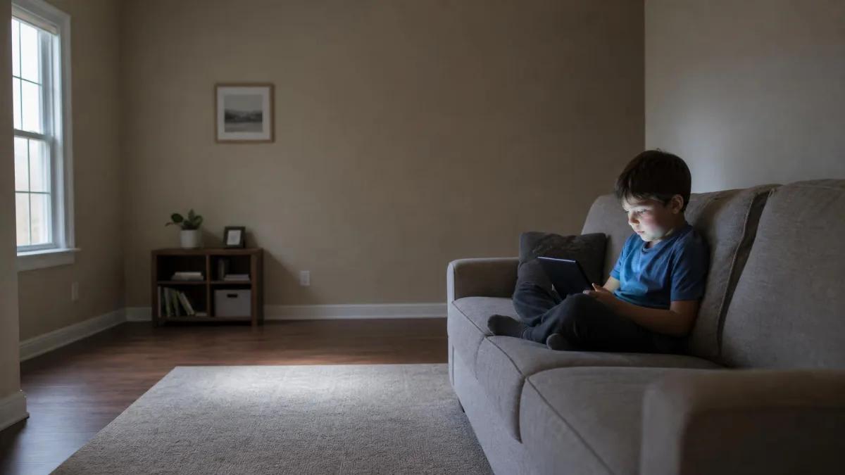 A child watching a tablet alone on a couch in an otherwise empty living room, illustrating how easily solo screen time can crowd out other activity.