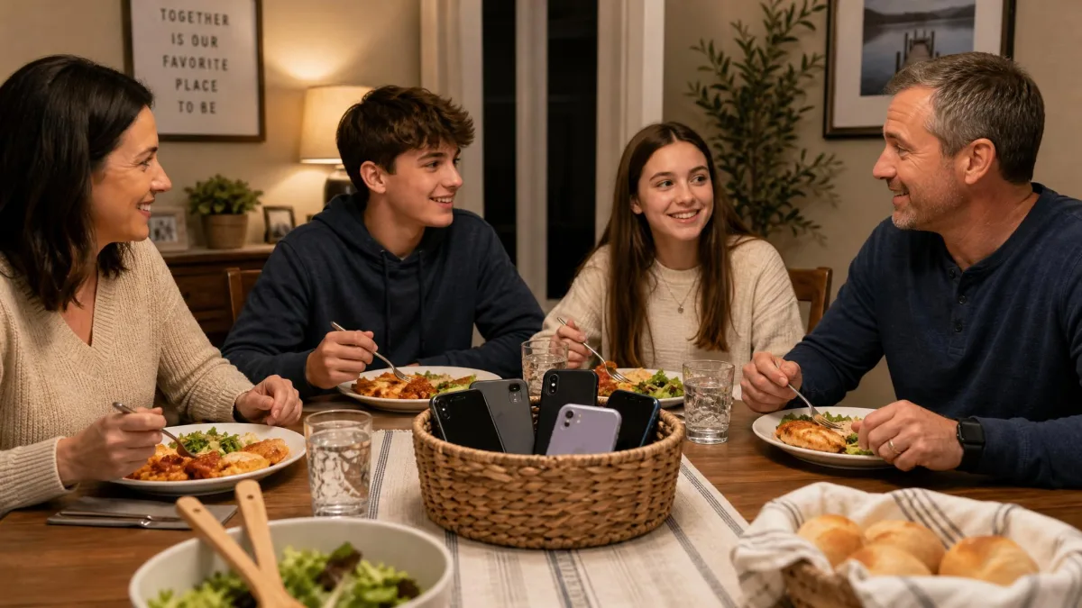 A family eating dinner together at a table with several phones collected in a basket in the center.