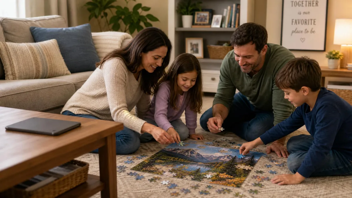 A family sitting on a living room floor working on a jigsaw puzzle together, with a tablet left face-down on the coffee table, illustrating a screen-free family activity.