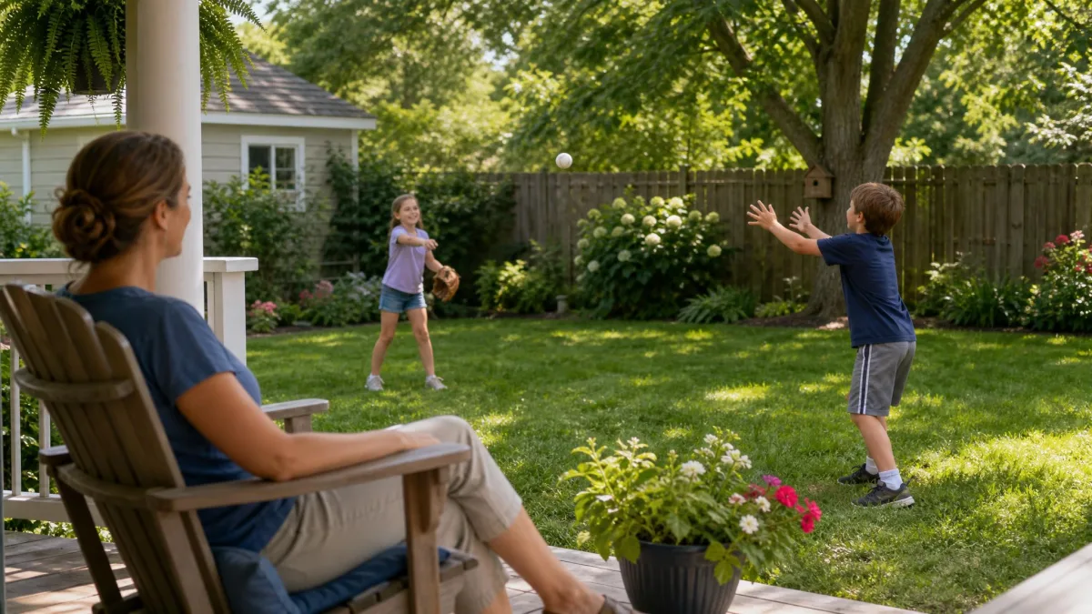 Two children playing catch in a backyard while a parent watches from a porch chair, with no phones in sight, showing outdoor play as a screen-free alternative.