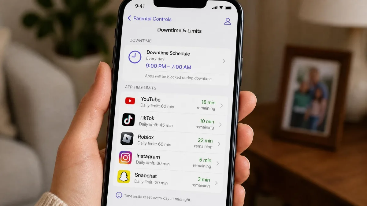 A parent's phone screen showing a downtime schedule and per-app time limits, with individual apps listed and minutes remaining under each, inside a parental-control settings panel.