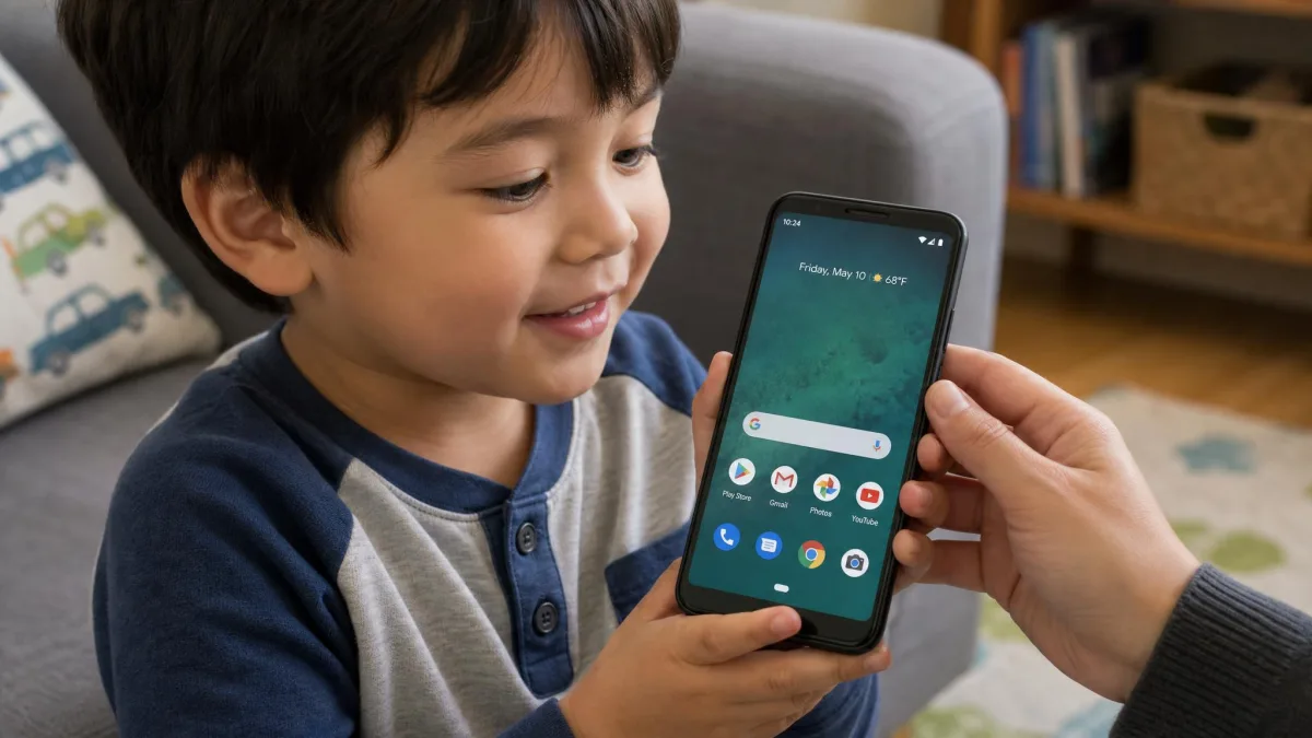 A young child holding an Android phone in both hands with the home screen visible, a parent's hand still resting on the edge of the device.