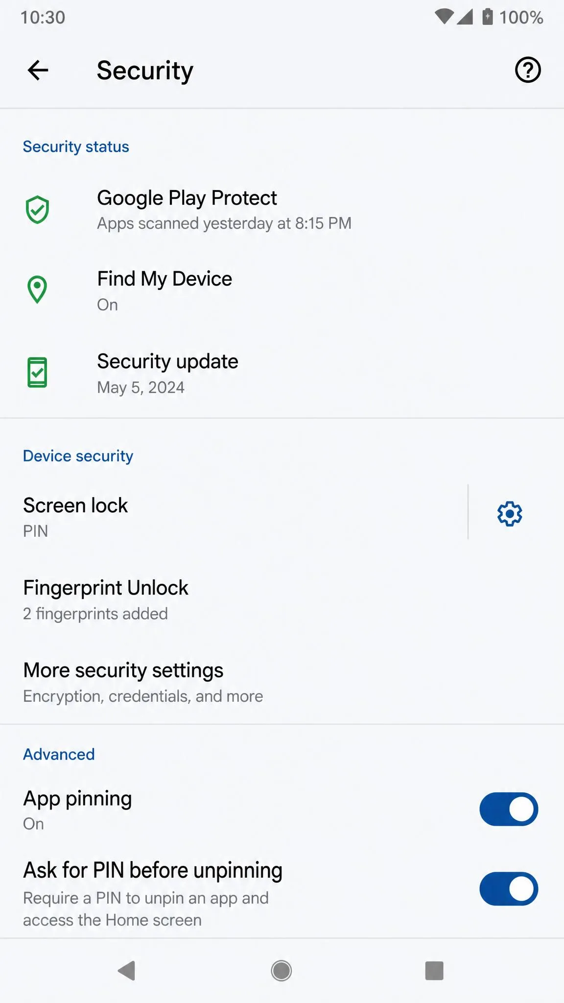 The Android Security settings screen with the App pinning toggle switched on and the ask-for-PIN option visible underneath it.