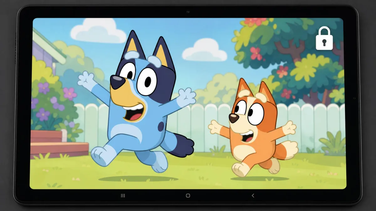 An Android tablet playing a cartoon full screen with a small padlock icon overlaid in the corner indicating the touchscreen is locked.