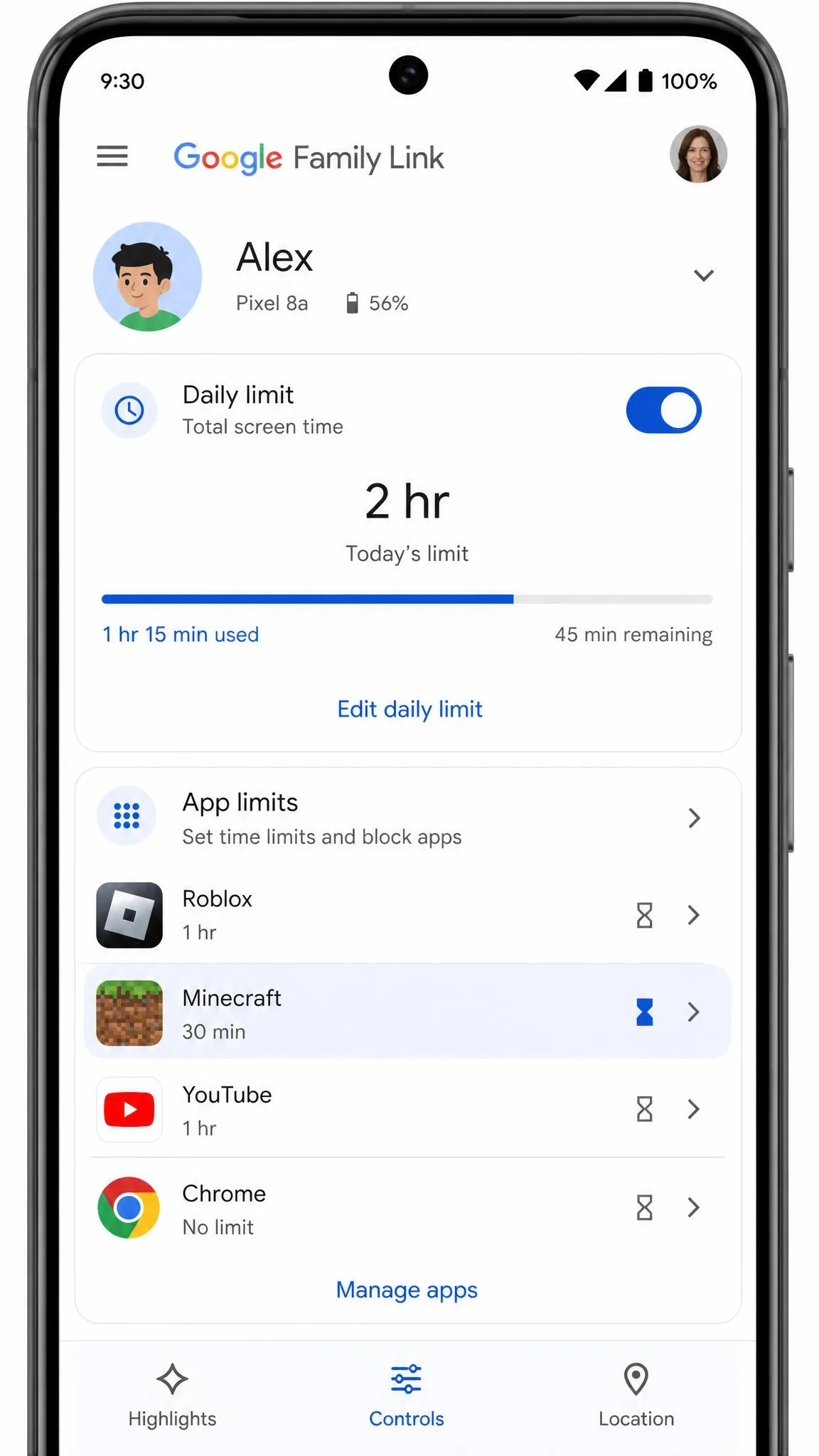 The Google Family Link app on a parent's phone showing daily screen time limit controls with a per-app limit set for a games app.