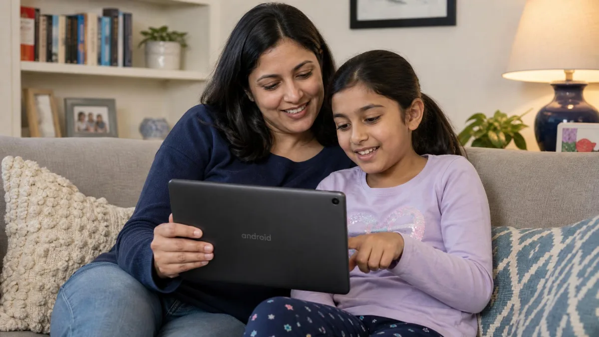 A parent and a school-age child sitting together on a sofa setting up parental control options on an Android tablet.