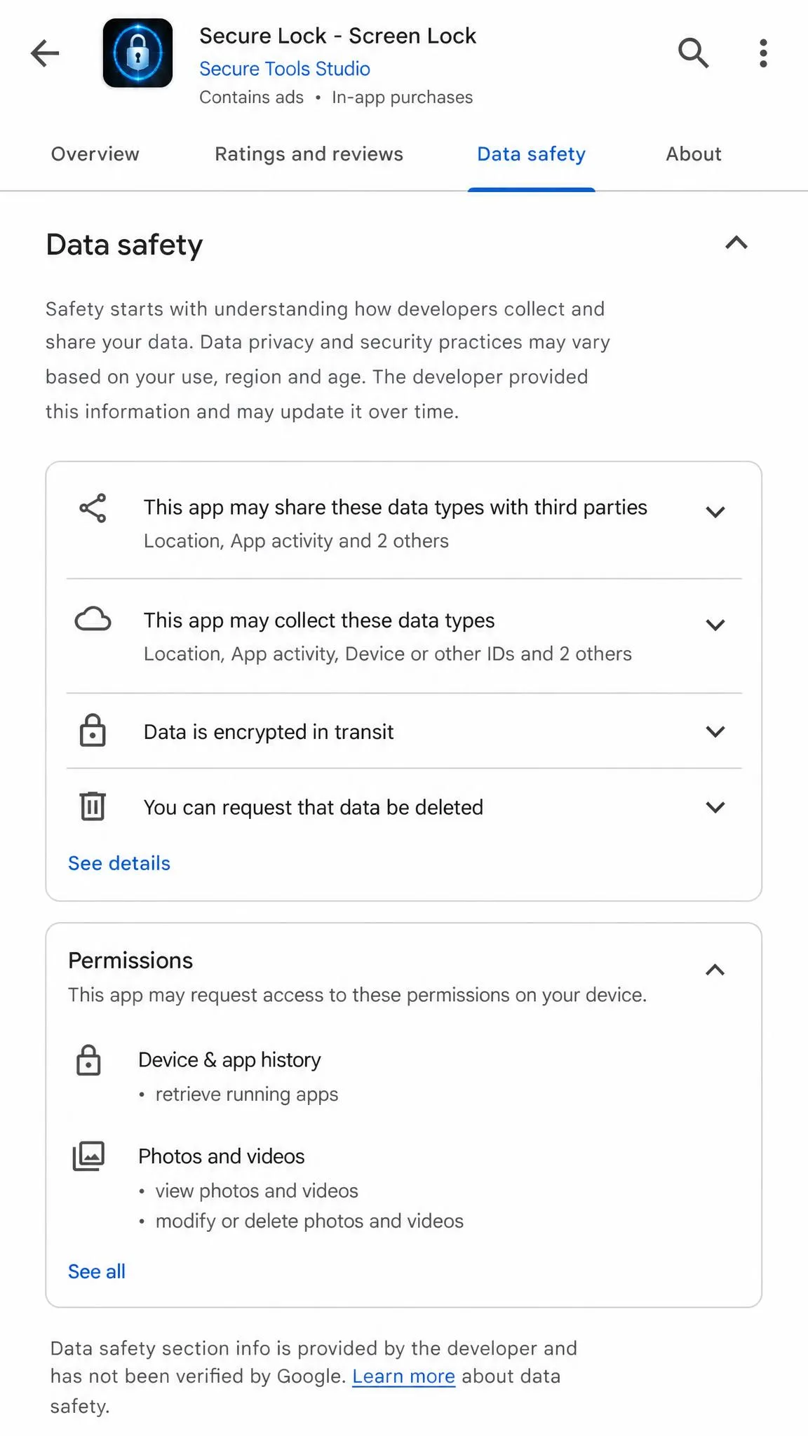The Google Play Store listing for a screen lock app scrolled to the Data safety section, showing the permissions and data collection details.