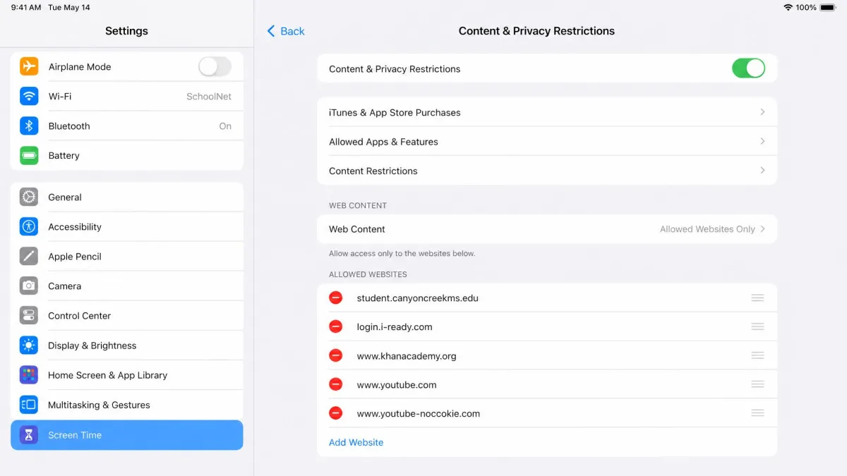 The iPad Content and Privacy Restrictions screen showing Web Content set to Allowed Websites Only with a short list of approved school and video sites.