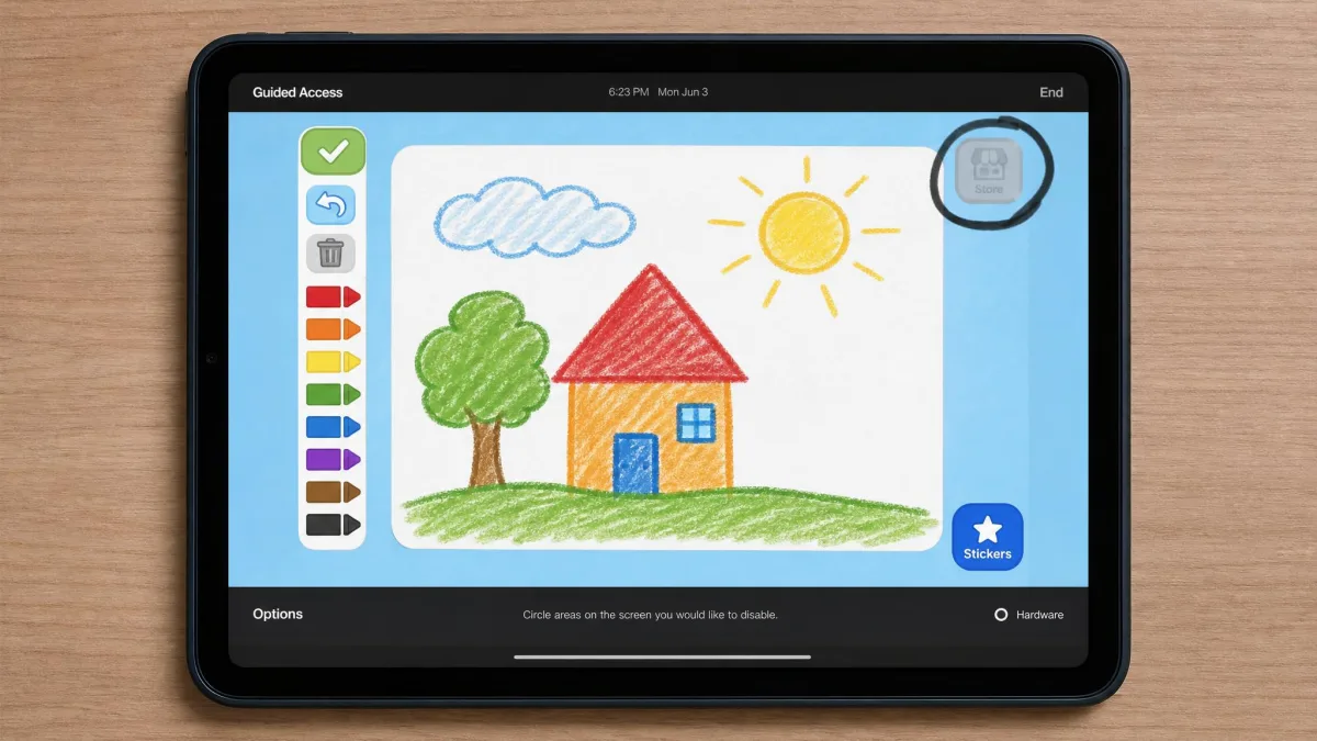 An iPad running a kids drawing app in Guided Access setup, with a hand-drawn circle greying out the in-app store button in the top corner.