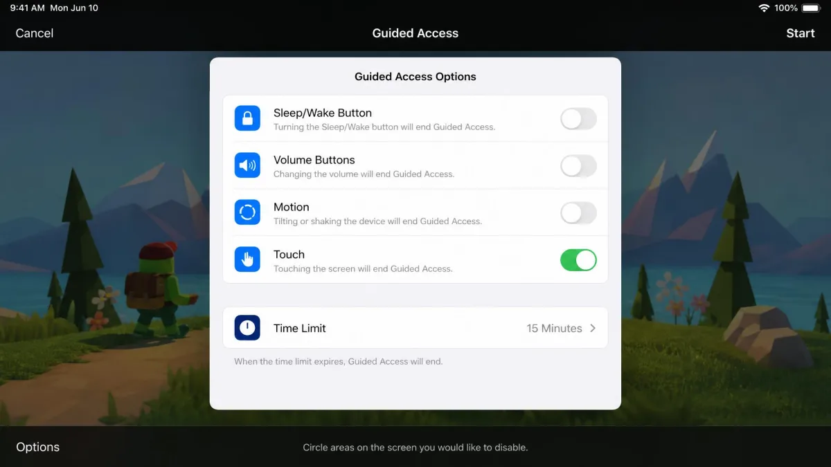 The Guided Access Options panel open on an iPad, showing toggles for Sleep Wake Button, Volume Buttons, Motion and Touch with a fifteen minute Time Limit set.