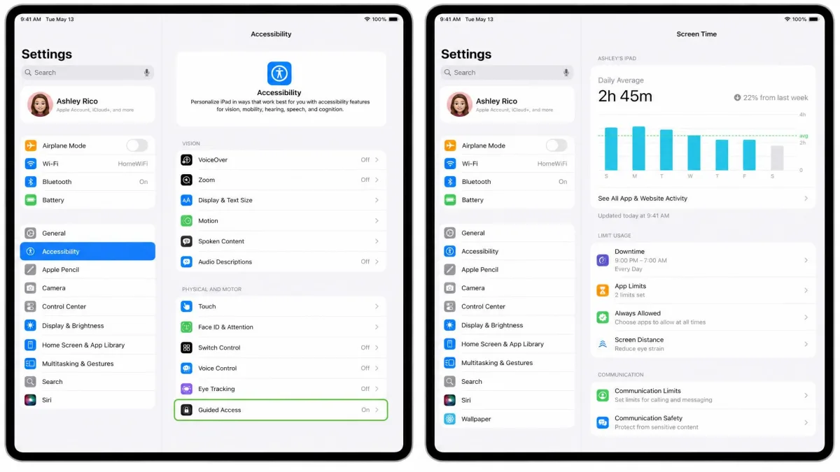 Two iPad Settings screens side by side, the Accessibility screen with Guided Access toggled on and the Screen Time screen showing Downtime and App Limits.