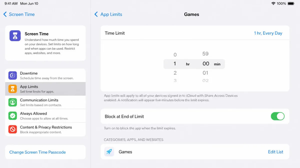 The iPad Screen Time App Limits screen with the Games category selected, a one hour daily limit set and the Block at End of Limit toggle switched on.