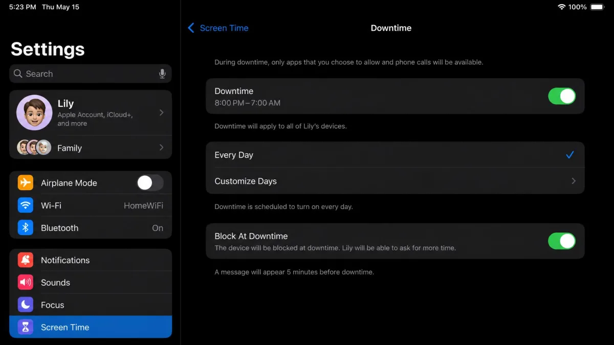 The iPad Downtime screen with a scheduled block from 8pm to 7am and Block At Downtime switched on, shown on a child's iPad.