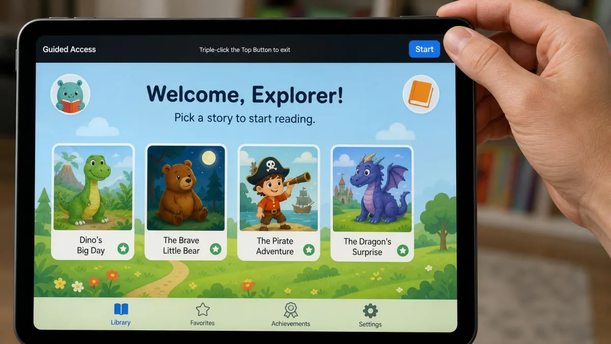 A parent's thumb on the top button of an iPad while a kids reading app fills the screen and the Guided Access Start button sits in the top right corner.