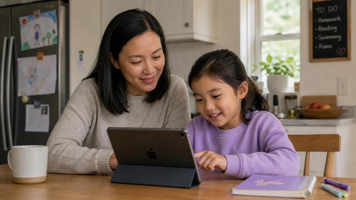 A parent and a primary-school-aged child sitting together at a kitchen table looking at the weekly Screen Time report on an iPad.