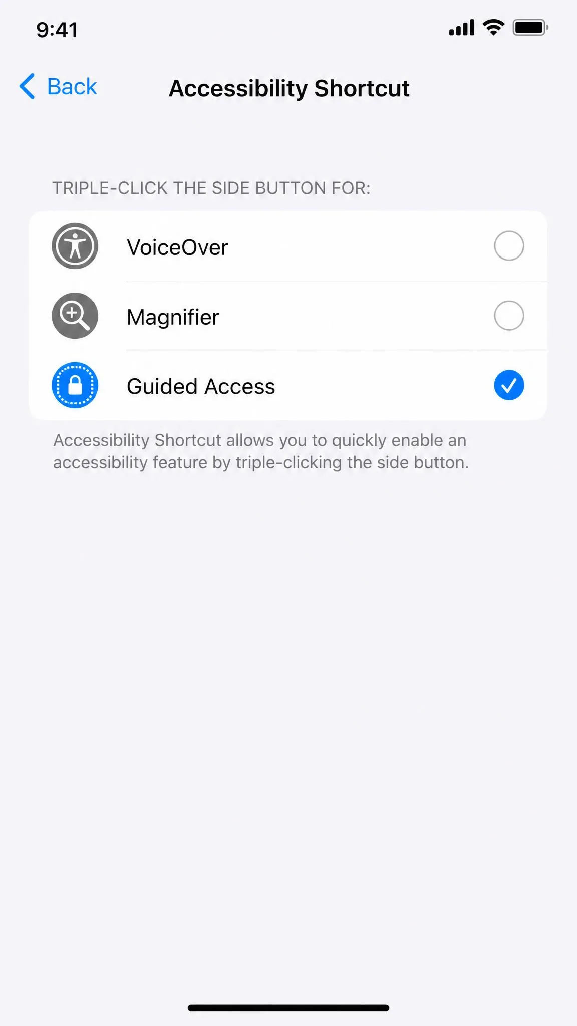 The Accessibility Shortcut settings screen on iPhone with Guided Access ticked and VoiceOver and Magnifier left unticked.