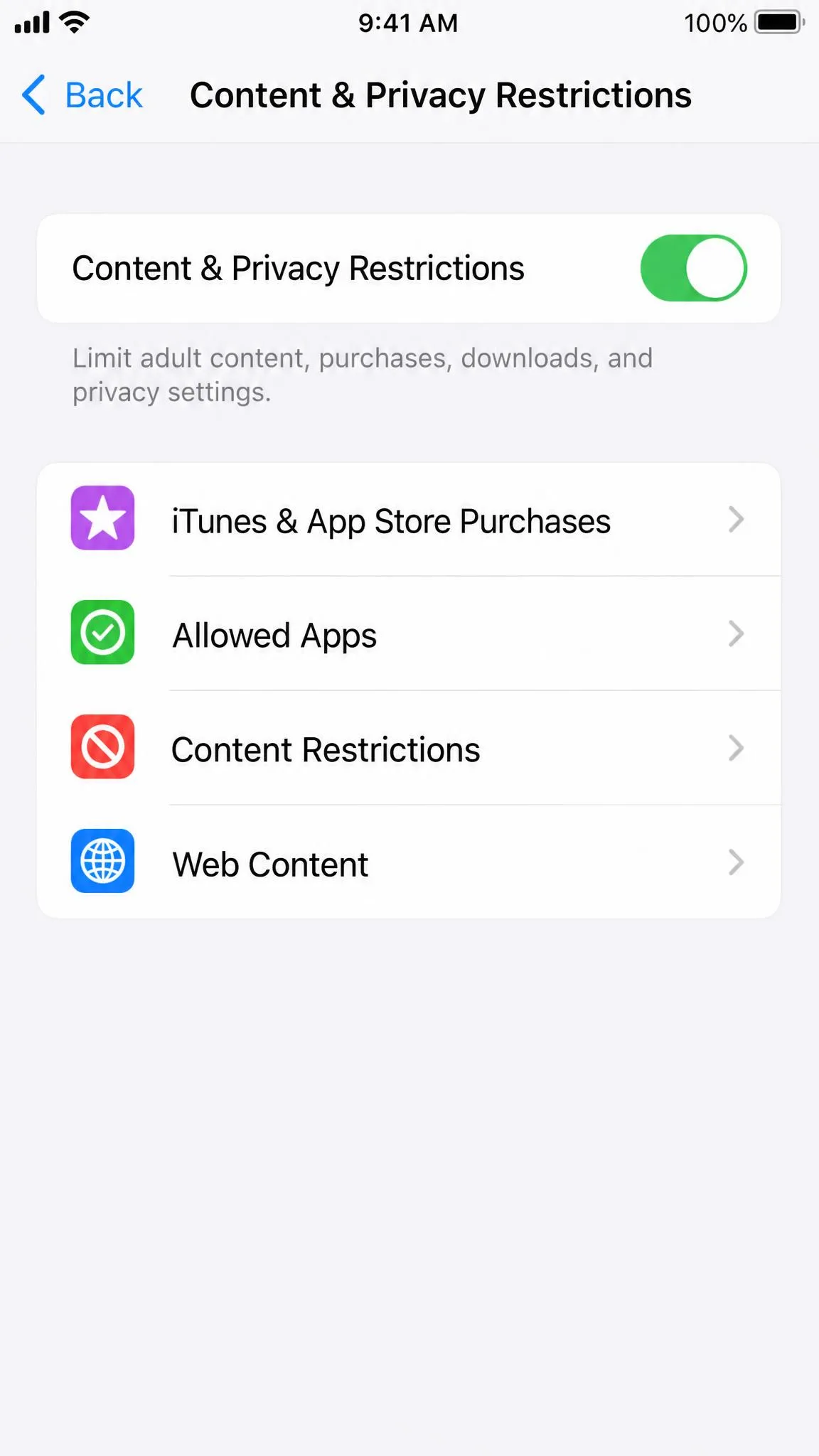 The Content and Privacy Restrictions screen on iPhone listing iTunes and App Store Purchases, Allowed Apps, Content Restrictions and Web Content.