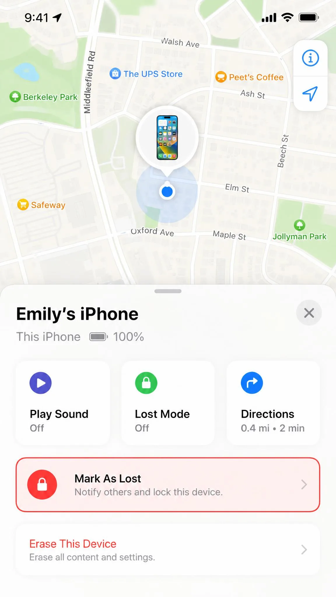 The Find My device panel for a family member's iPhone with the Mark As Lost option highlighted below the map view.