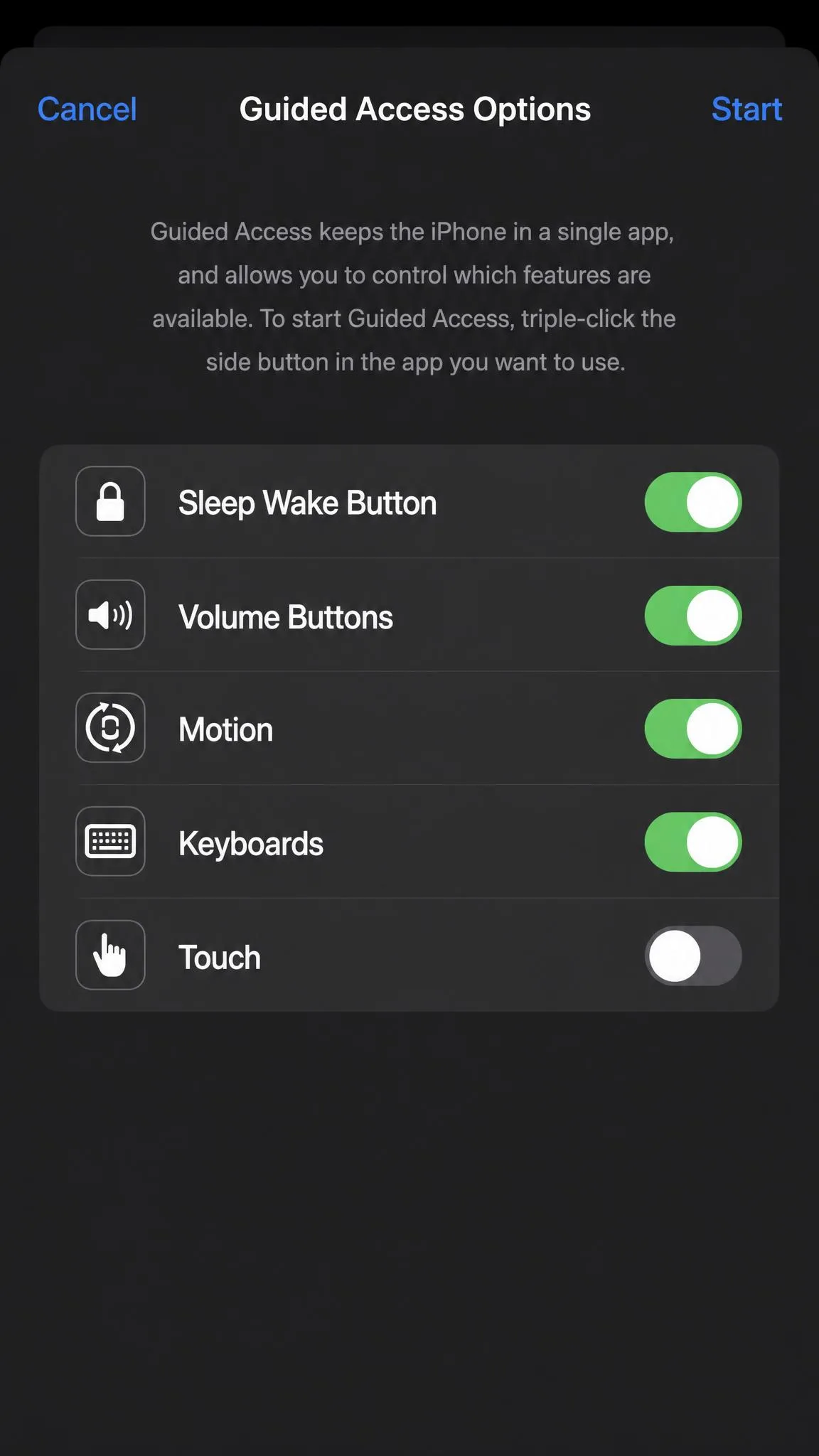 The Guided Access Options panel with toggles for Sleep Wake Button, Volume Buttons, Motion, Keyboards and Touch, with Touch switched off.