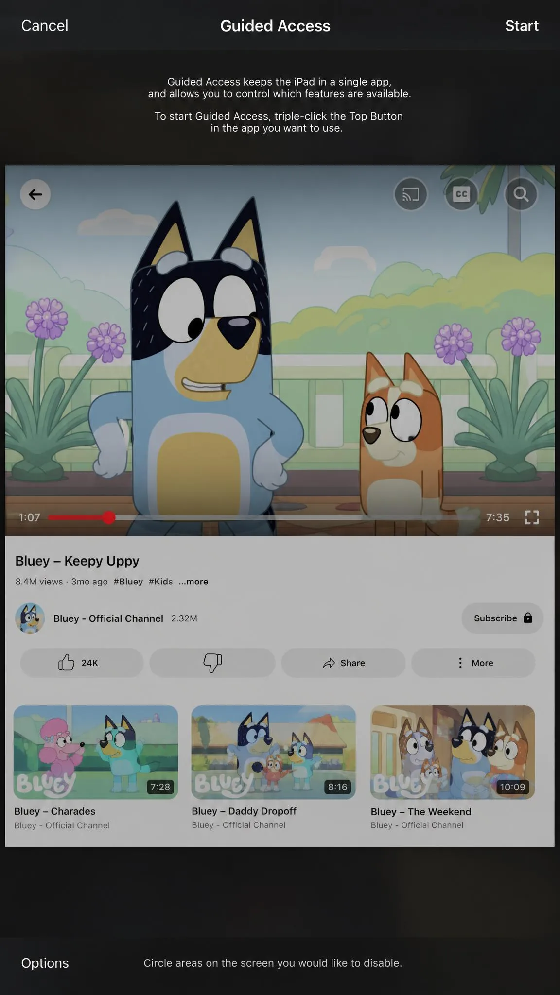 The Guided Access setup panel over a YouTube Kids video, showing the Start button top right and Options bottom left.