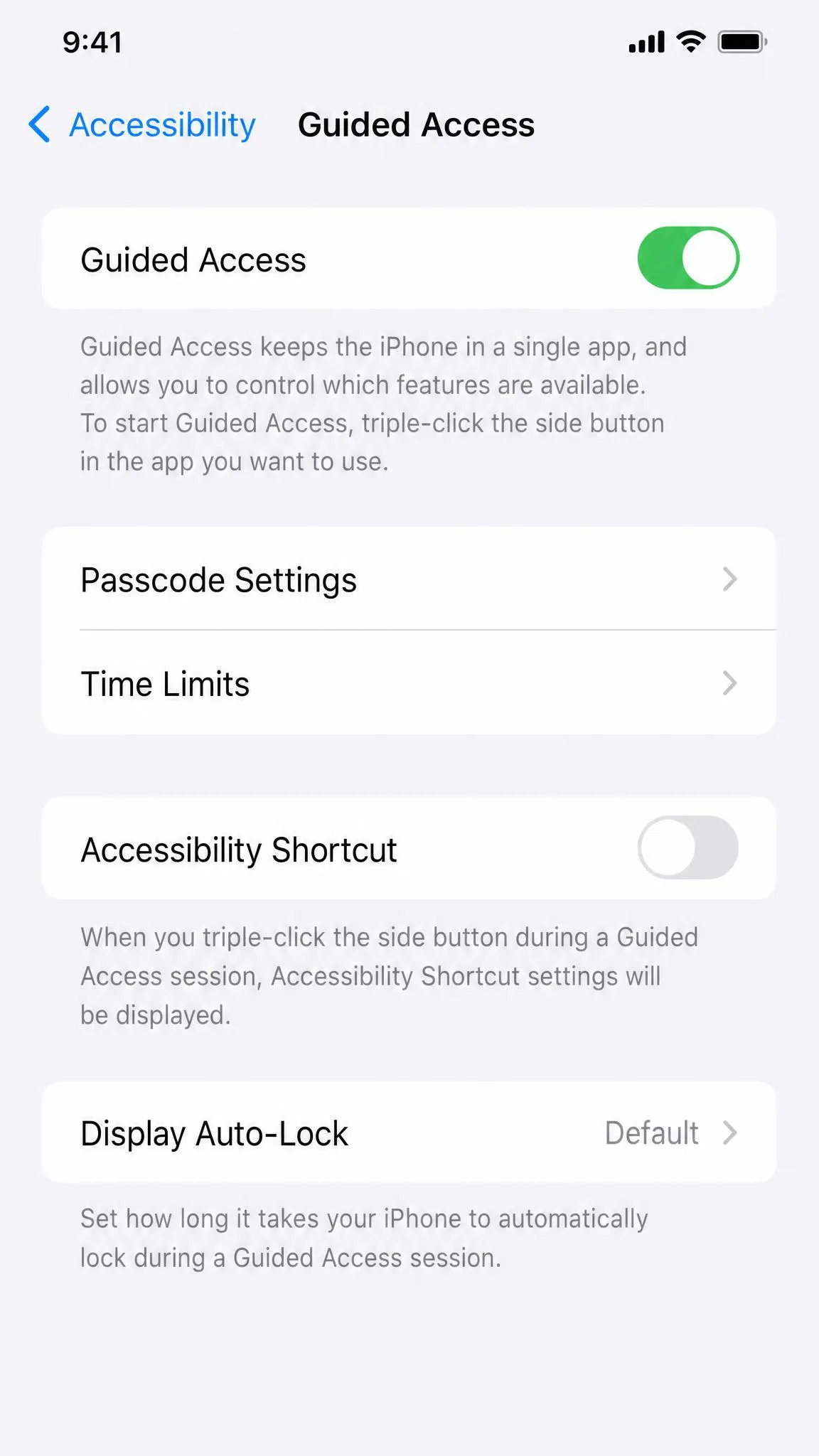 The Guided Access screen in iPhone Settings under Accessibility, with the main toggle switched on above the Passcode Settings and Time Limits rows.