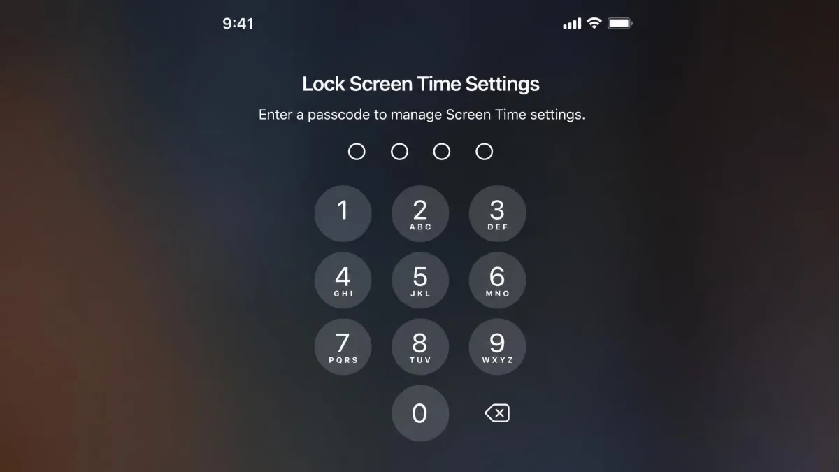 The Lock Screen Time Settings prompt on iPhone asking for a four digit passcode.