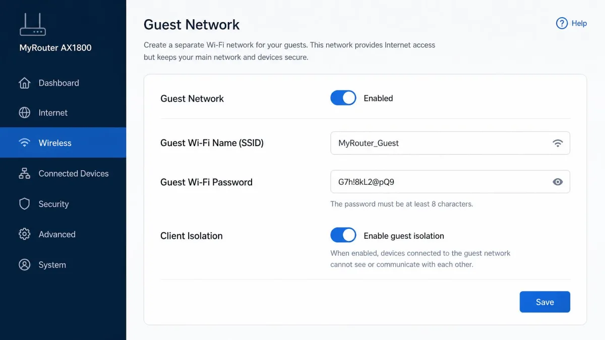 A router's guest network settings screen with the guest Wi-Fi name, password, and isolation toggle visible.