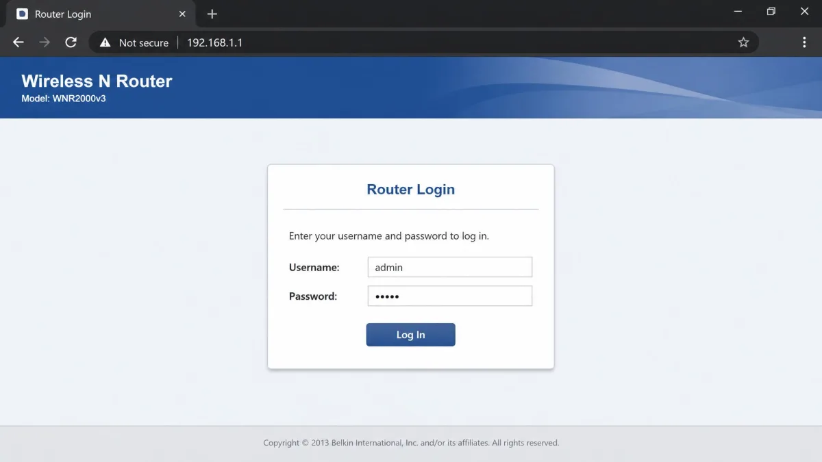 A home router admin login screen showing the default admin field and password box, the first page you reach before changing any security settings.