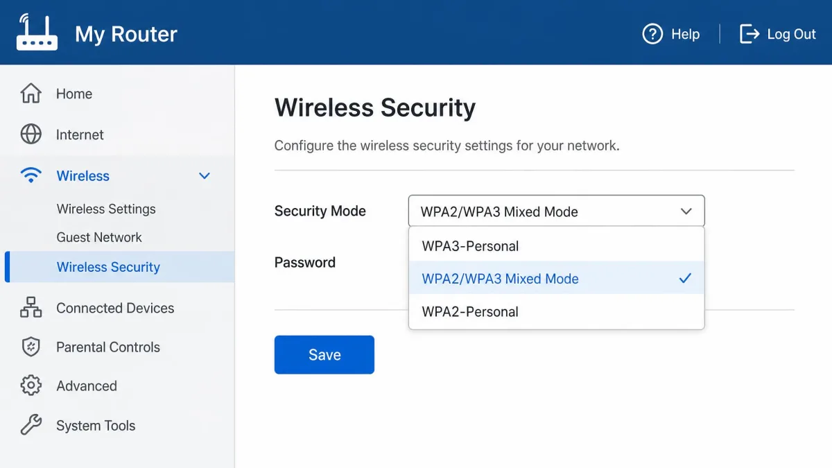 A router's wireless security dropdown listing WPA3-Personal, WPA2/WPA3 mixed mode, and WPA2-Personal encryption options.