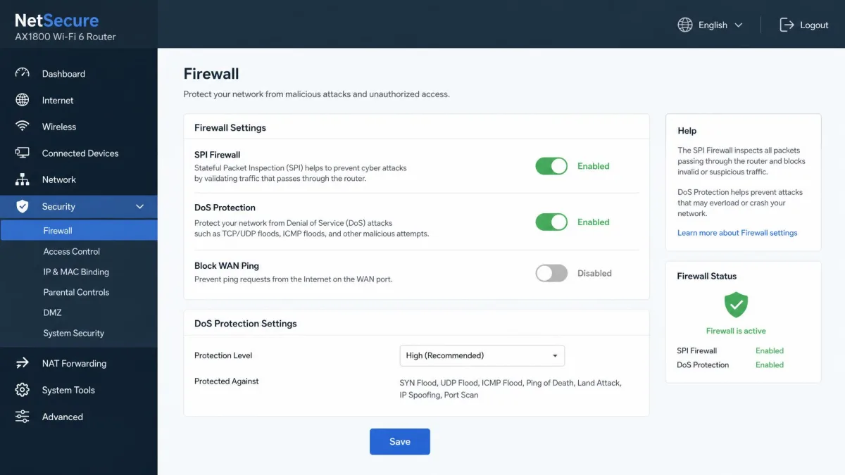 A router's firewall settings page with the SPI firewall enabled and DoS protection turned on.