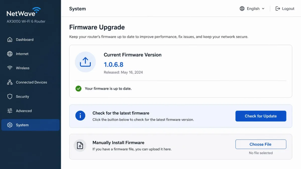 A router firmware upgrade page showing the current firmware version and the button to check for or install the latest update.