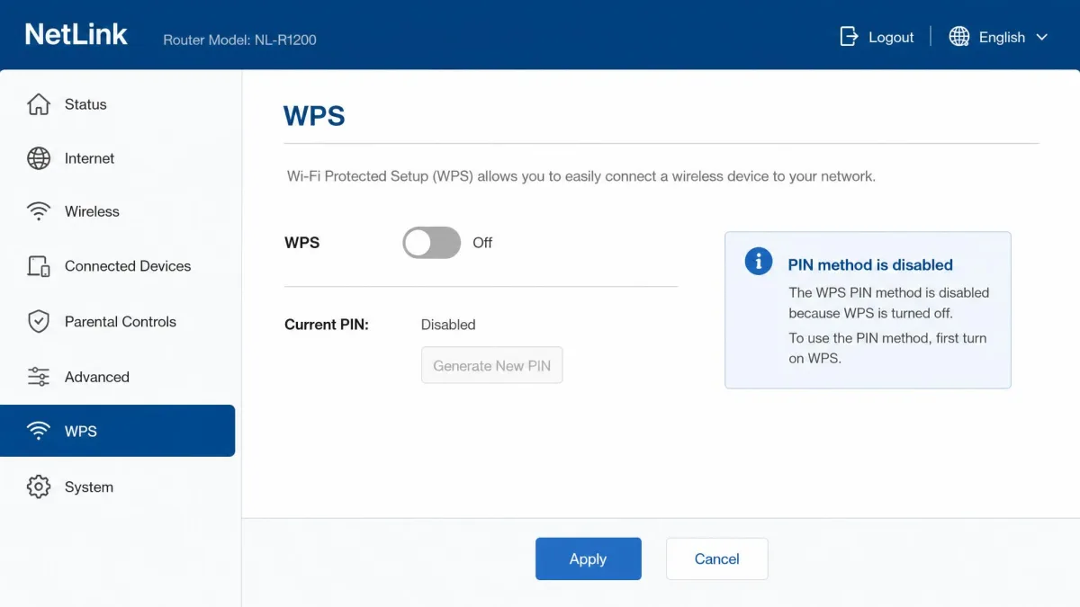 A router's WPS settings page with the WPS toggle switched off, next to a note that the PIN method is also disabled.