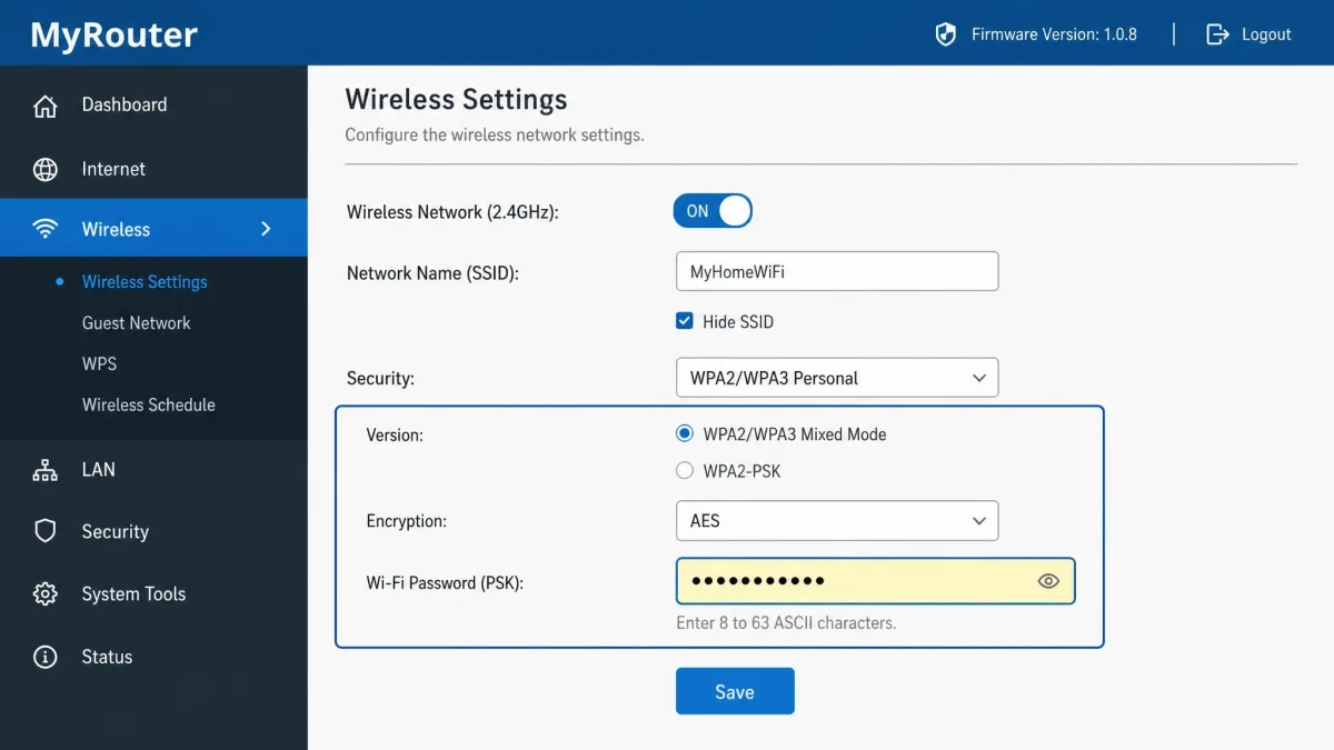 The wireless security settings on a router with the Wi-Fi password field highlighted in the WPA2/WPA3 security section.