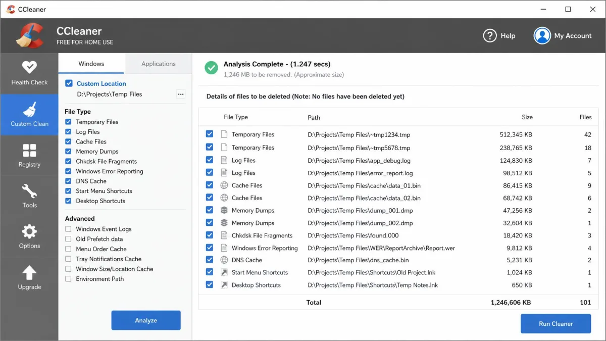 CCleaner Analyze results listing files found in a custom folder on drive D:, with the total space to be removed shown at the top of the results pane.