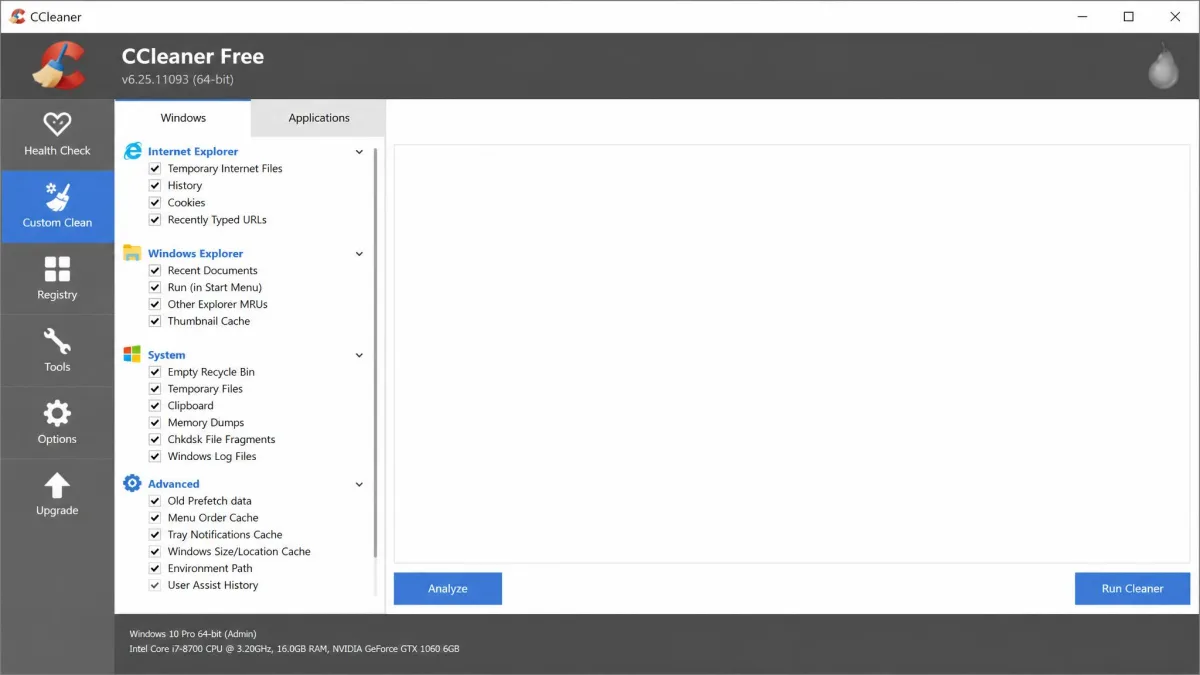CCleaner's Custom Clean screen with the Windows tab selected, showing checked categories for Internet Explorer, Windows Explorer, System and Advanced in the left panel and an empty results pane on the right.