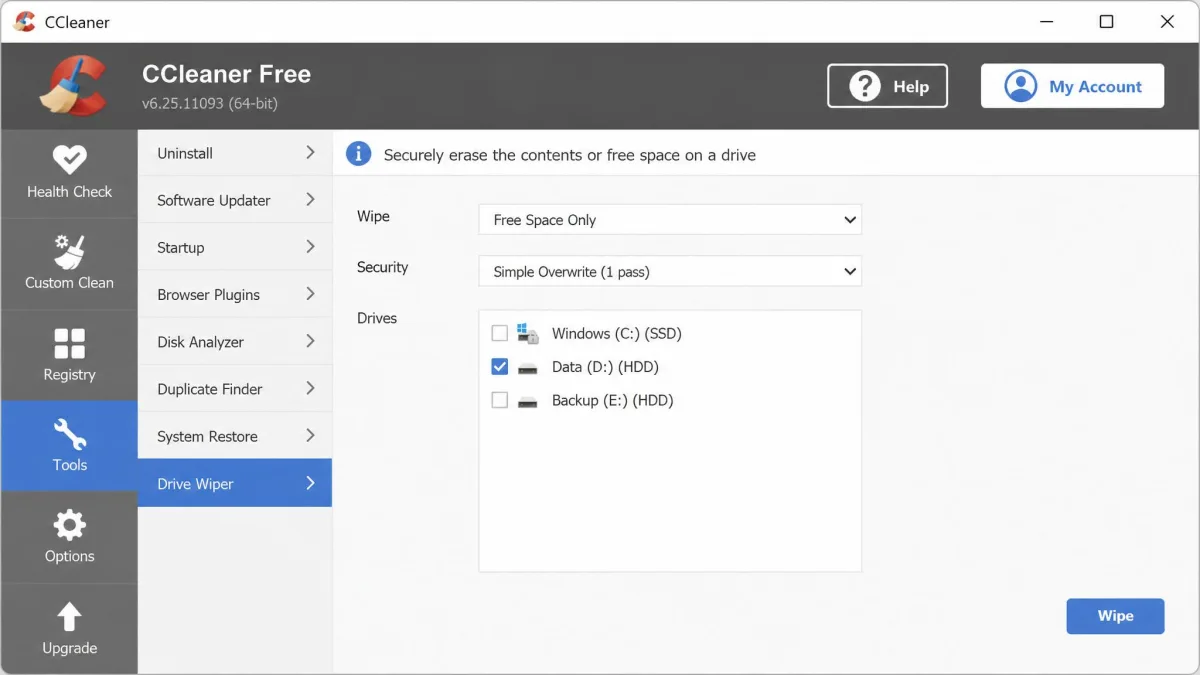CCleaner's Tools > Drive Wiper screen with the Wipe dropdown set to Free Space Only, Security set to Simple Overwrite 1 pass, and drive D: ticked in the drive list below.