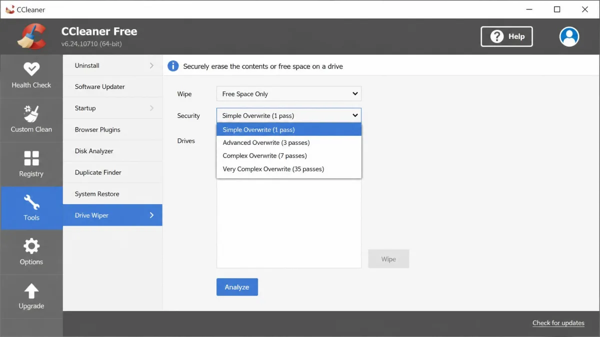 The Security dropdown in CCleaner's Drive Wiper expanded to show Simple Overwrite 1 pass, Advanced Overwrite 3 passes, Complex Overwrite 7 passes and Very Complex Overwrite 35 passes.