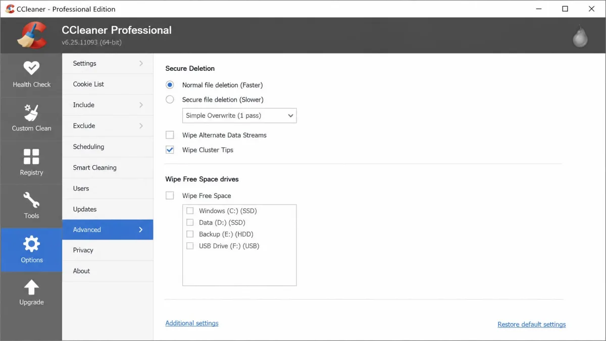 CCleaner's Options > Advanced panel with the secure deletion and wipe free space drive selection settings visible, the wipe free space option left unticked.