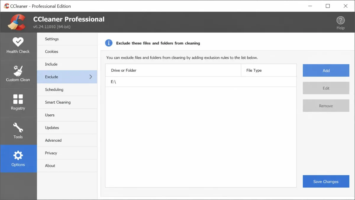 CCleaner's Options > Exclude panel showing a rule that protects an entire secondary drive, with the drive path in the first column and the file-type restriction column empty.