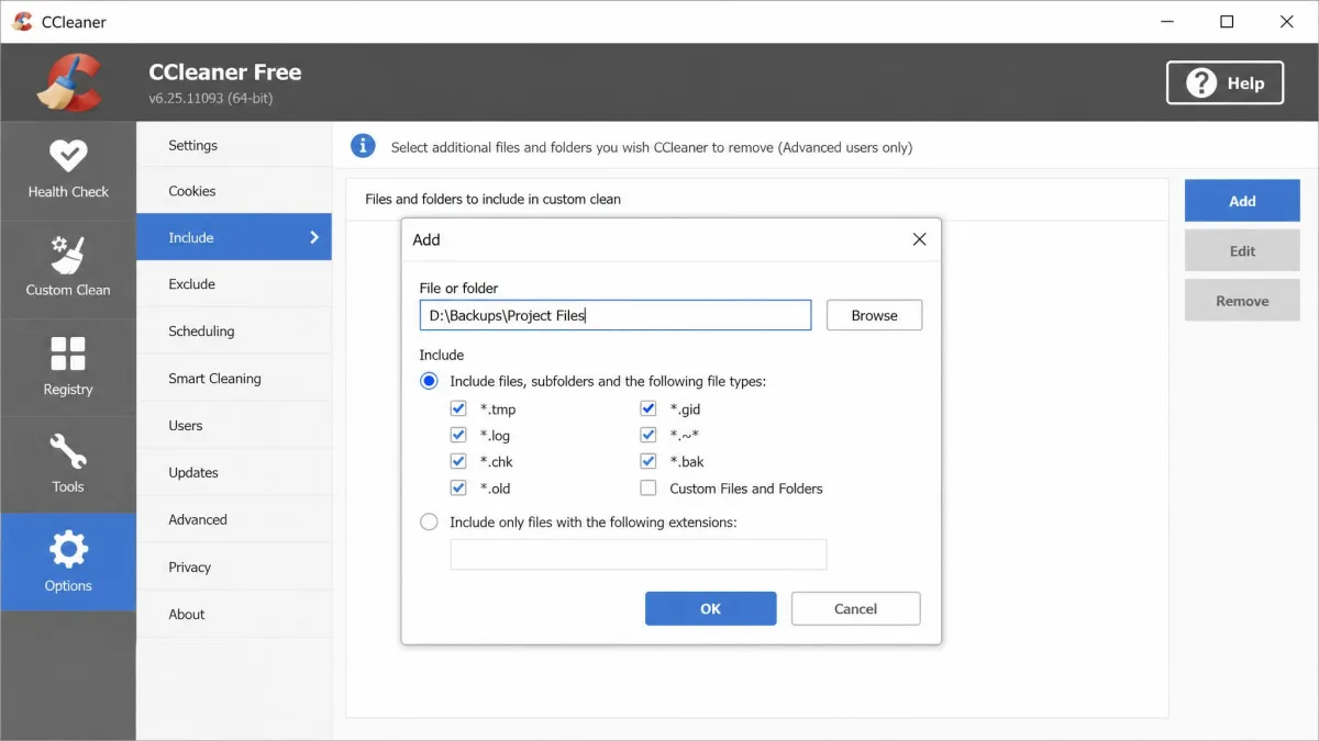 CCleaner's Options > Include panel with the Add dialog open, a folder path on drive D: entered in the field, and Include files, subfolders and the file-type options visible below it.