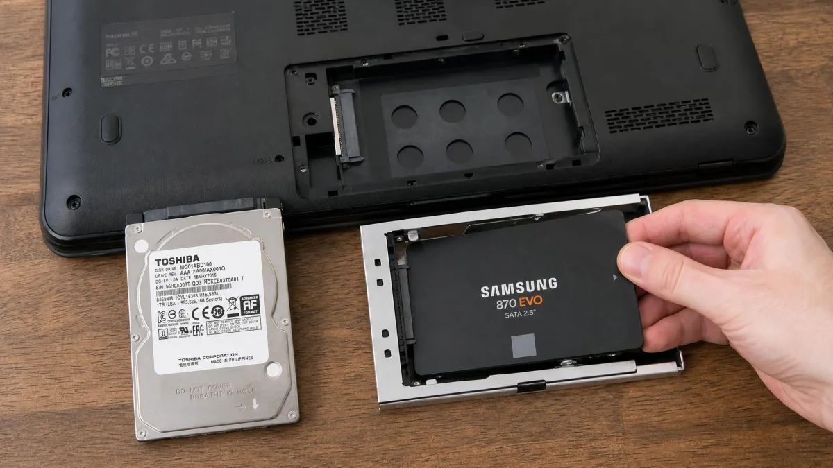 The underside of an opened laptop with the 2.5-inch drive bay exposed and a SATA SSD being slid into the caddy next to the removed hard drive.
