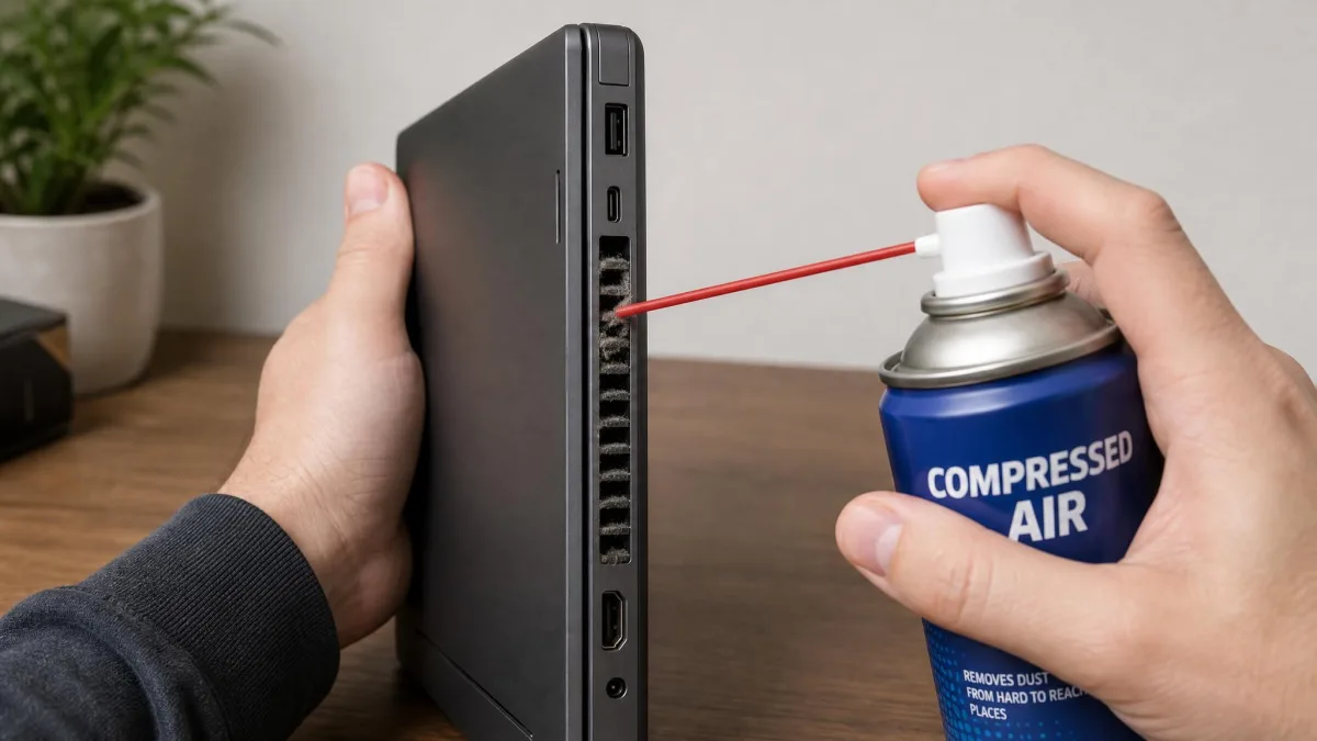 A closed laptop held on its side with a can of compressed air aimed at a dust-clogged side exhaust vent.