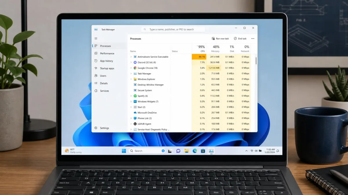 A Windows 11 laptop on a desk showing Task Manager open with the CPU column sorted high and one process near 99 percent usage.