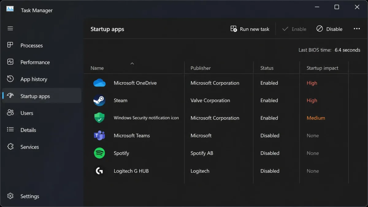 The Task Manager Startup apps tab on Windows 11, showing a cloud sync client and a game launcher both rated High in the Startup impact column.