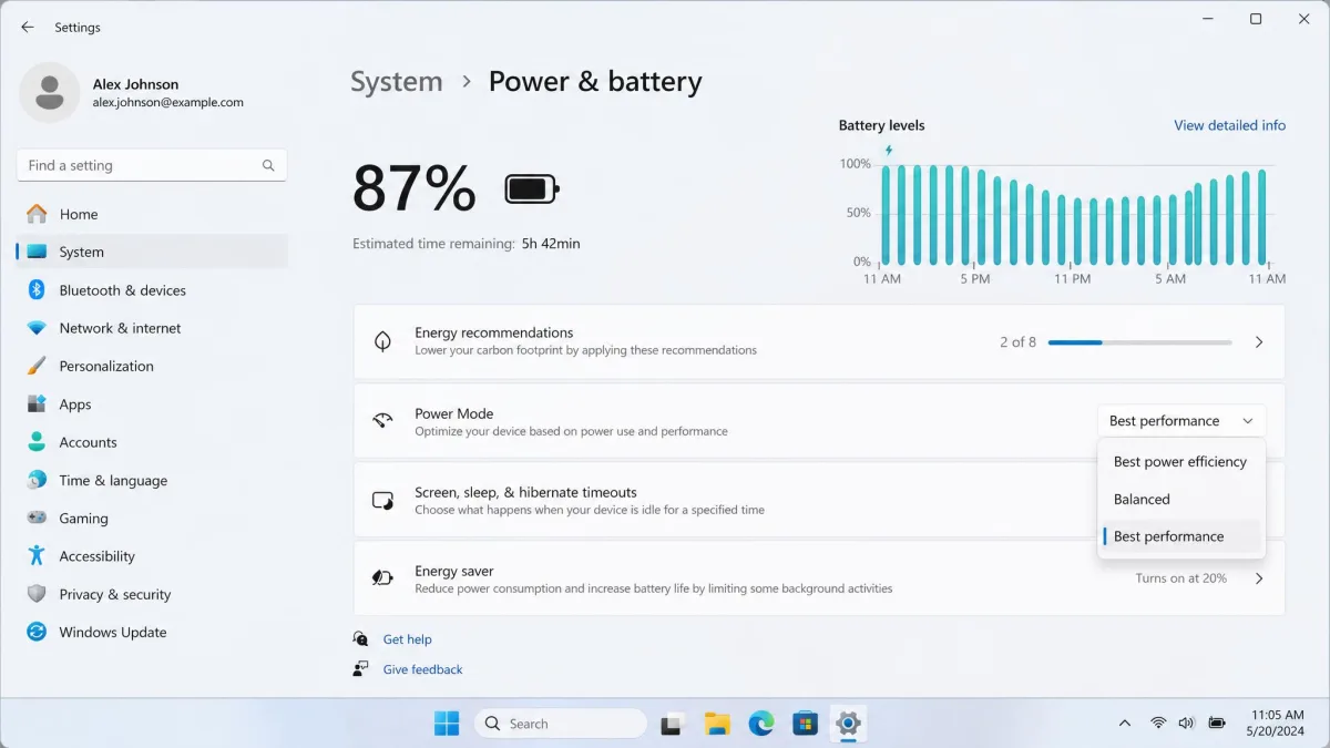 The Windows 11 Power and battery settings panel with the power mode dropdown open and Best performance selected.