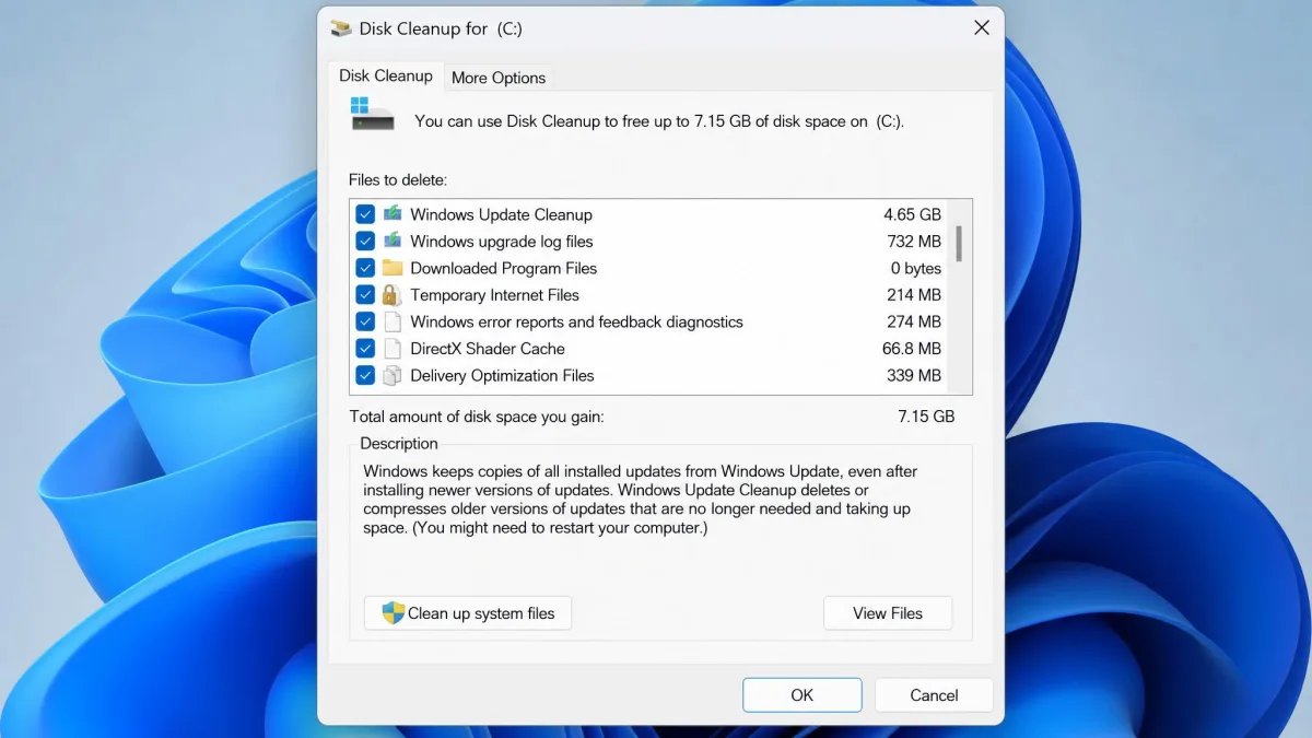 The Windows Disk Cleanup window after a Clean up system files pass, listing several gigabytes of old Windows update files ready to remove.