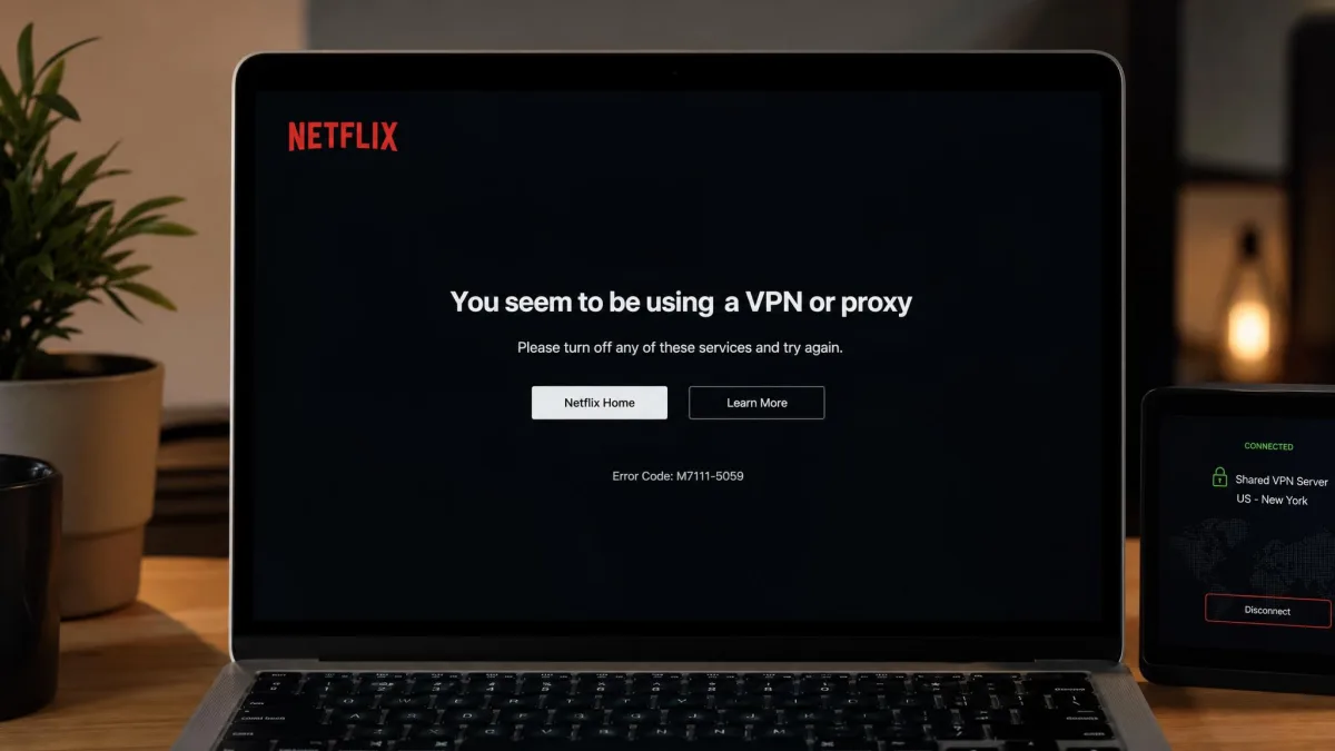 Netflix streaming error screen reading "You seem to be using a VPN or proxy" on a laptop connected to a shared VPN server.
