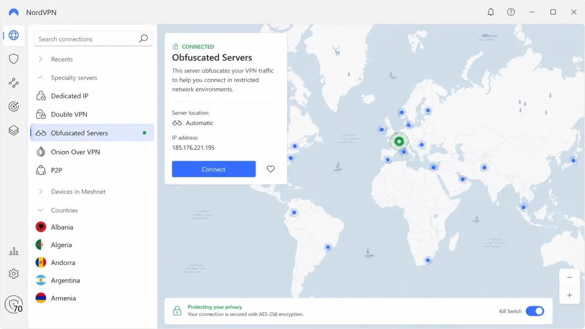 NordVPN desktop app with the Specialty servers list expanded and Obfuscated Servers highlighted, ready to connect on a restricted network.