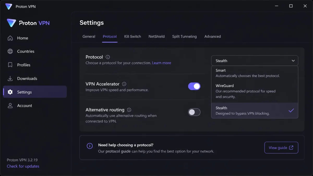 Proton VPN settings screen on Windows with the Protocol menu open and Stealth selected instead of WireGuard or Smart.
