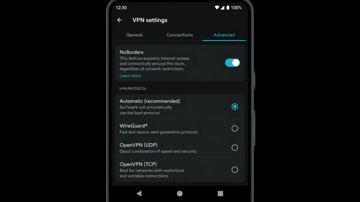 Surfshark app on Android with VPN settings open on the Advanced tab, showing the NoBorders toggle switched on above the protocol selector.